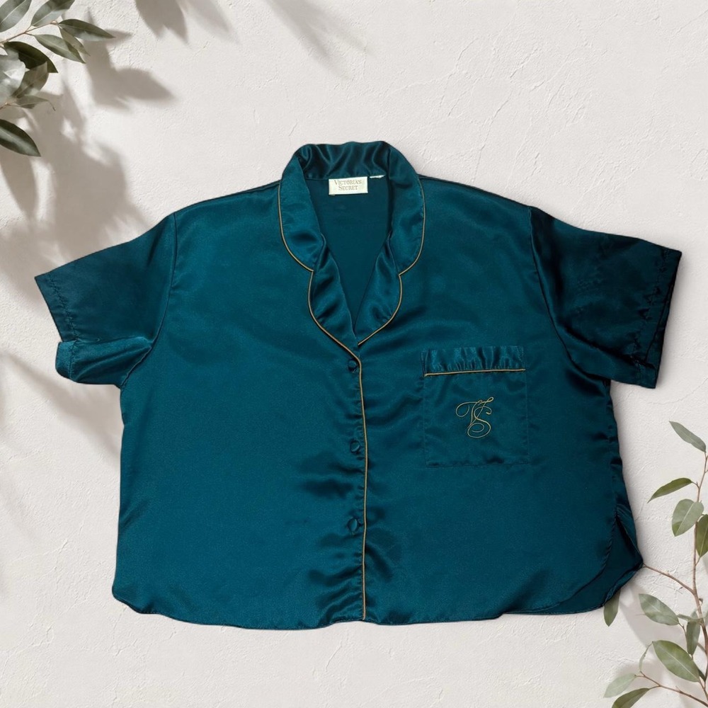 Victoria’s Secret Gold Label Teal Satin Pajama Top Gold Trim Vintage XL